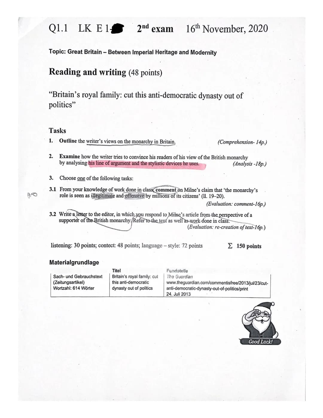 Q1.1 LK E 1
2nd exam
Topic: Great Britain - Between Imperial Heritage and Modernity
16th November, 2020
Reading and writing (48 points)
"Bri