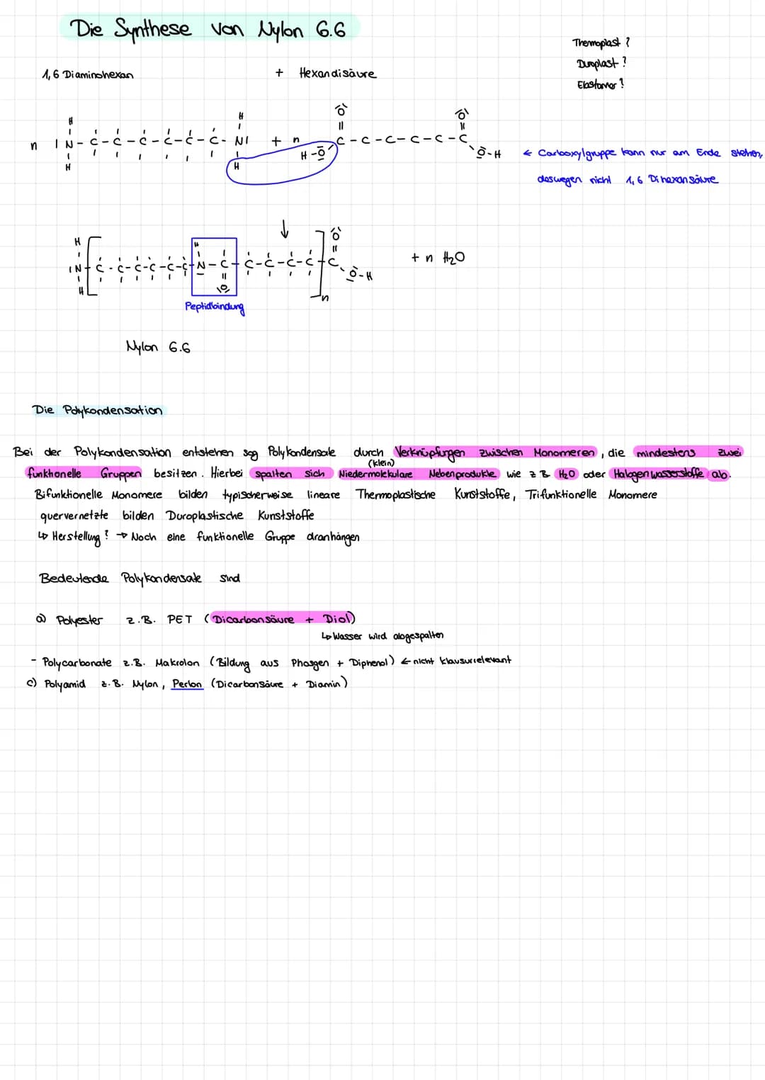 n
Die
1,6 Diaminohexan
H
IN-
I
H
-
H
(
6
1
IN
с
1
Synthese von Nylon 6.6
I
с C
1
1
@ Polyester
I
Die Polykondensation
T
I
Nylon 6.6
I
I
NI
L