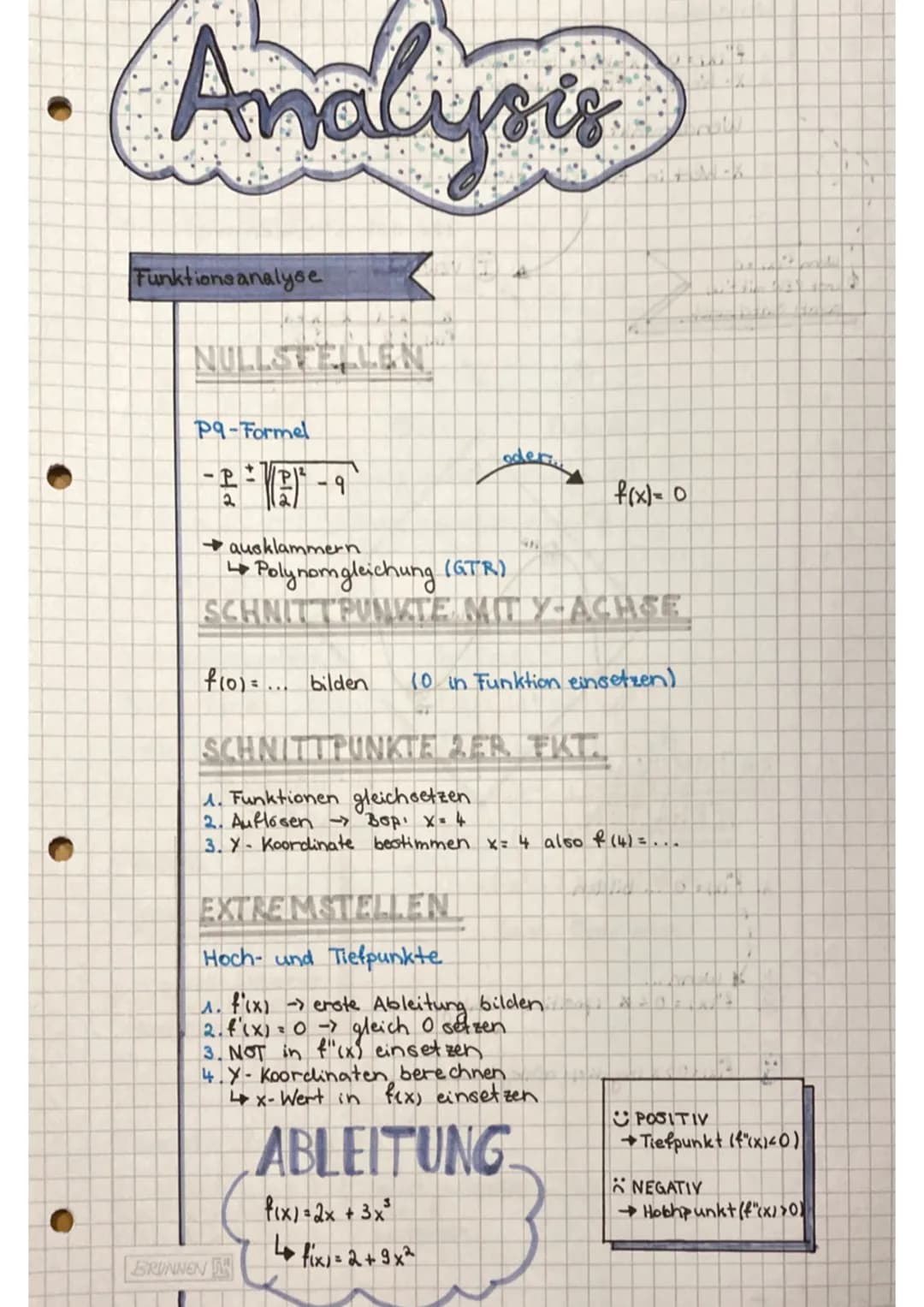 ●
●
Analysis
Funktionsanalyse
NULLSTELLEN
P9-Formel
2
9
→ausklammern.
BRUNNEN
ستعفو
EXTREIMSTELLEN
Hoch- und Tiefpunkte
bilden.
1. f'(x) -> 