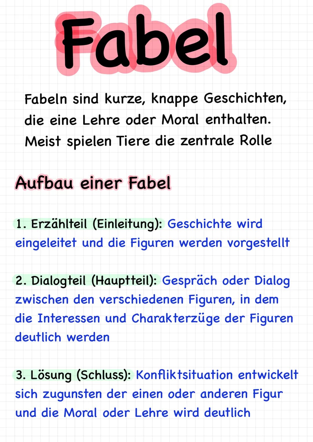 Fabel
Fabeln sind kurze, knappe Geschichten,
die eine Lehre oder Moral enthalten.
Meist spielen Tiere die zentrale Rolle
Aufbau einer Fabel
