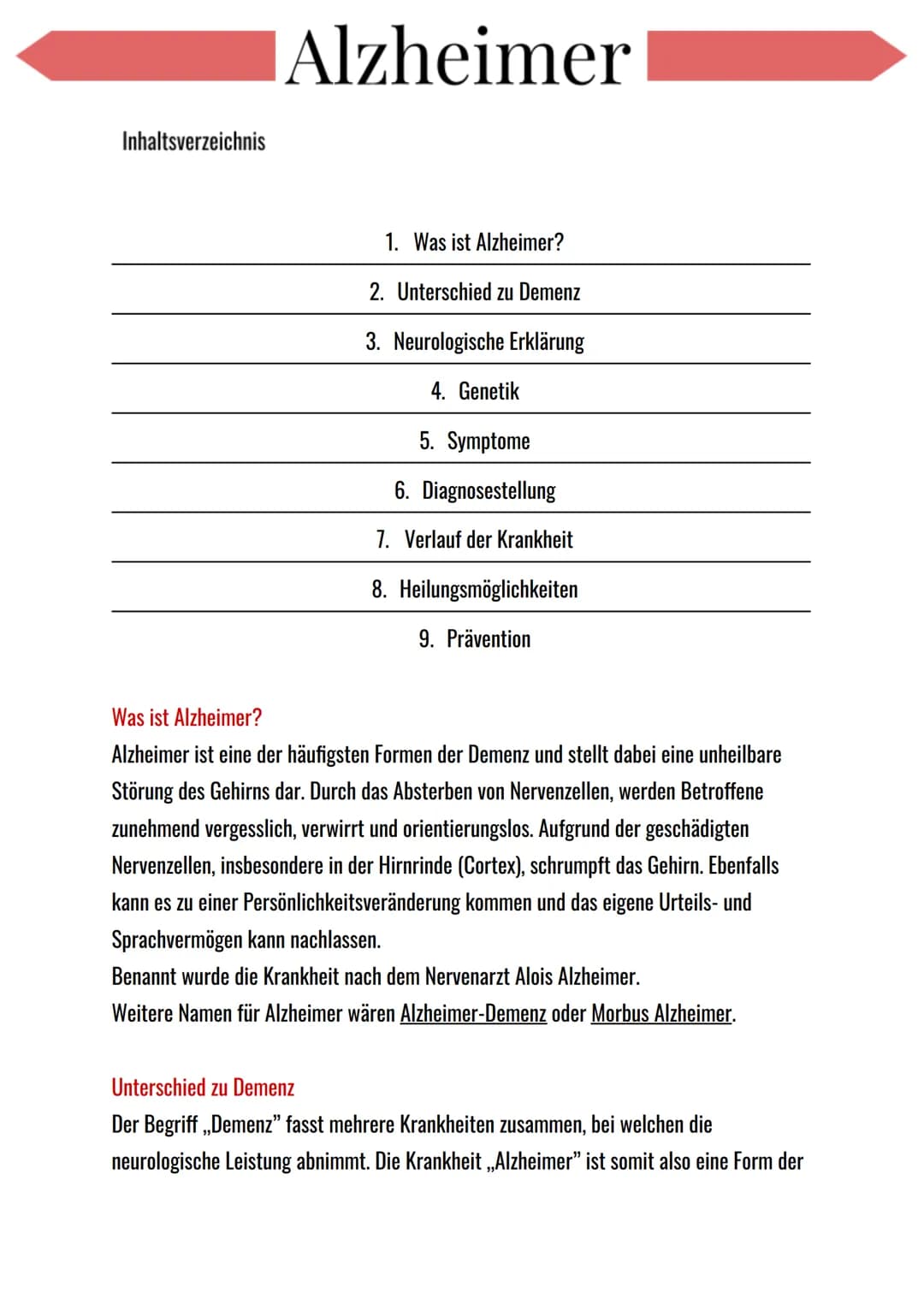 Inhaltsverzeichnis
Alzheimer
1. Was ist Alzheimer?
2. Unterschied zu Demenz
3. Neurologische Erklärung
4. Genetik
5. Symptome
6. Diagnoseste