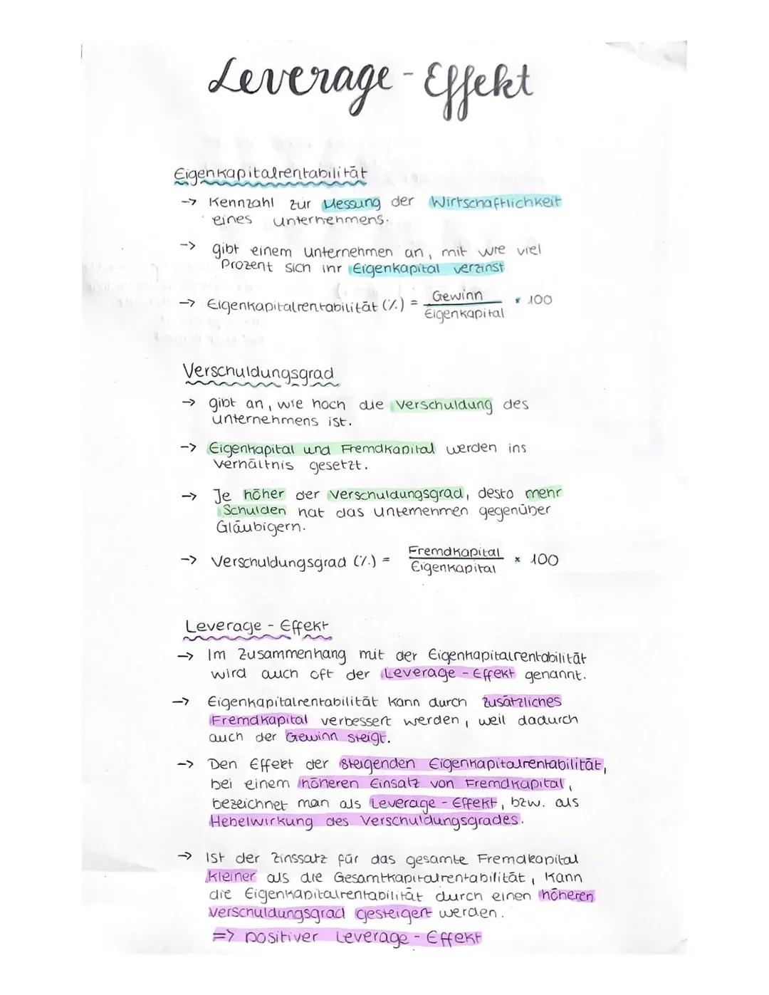 # Leverage-Effekt

Eigenkapitalrentabilität

-> Kennzahl zur Messung der Wirtschaftlichkeit
eines Unternehmens.

-> gibt einem unternehmen a