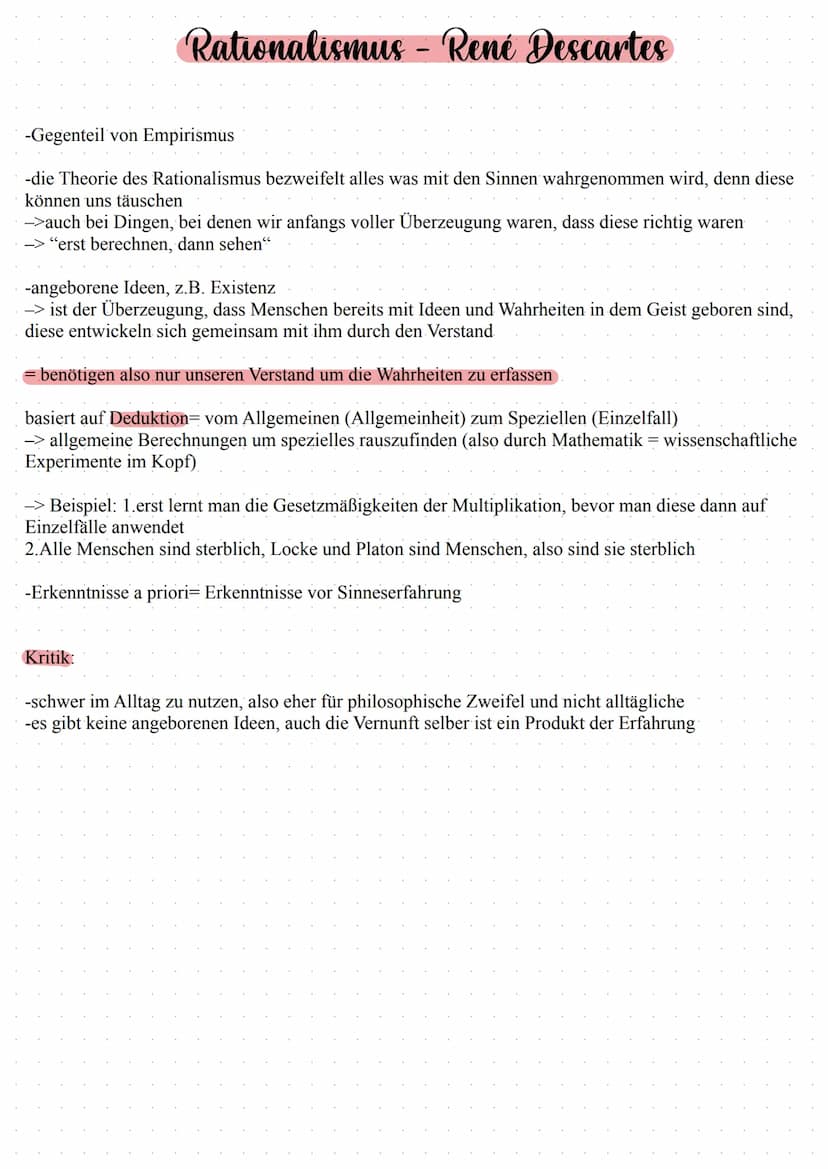 Platons Ideenlehre Odealismus)
Die Wirklichkeit basiert auf Ideen und die Dinge, die wir erblicken sind nur ihre Abbilder. Wir sehen
dements