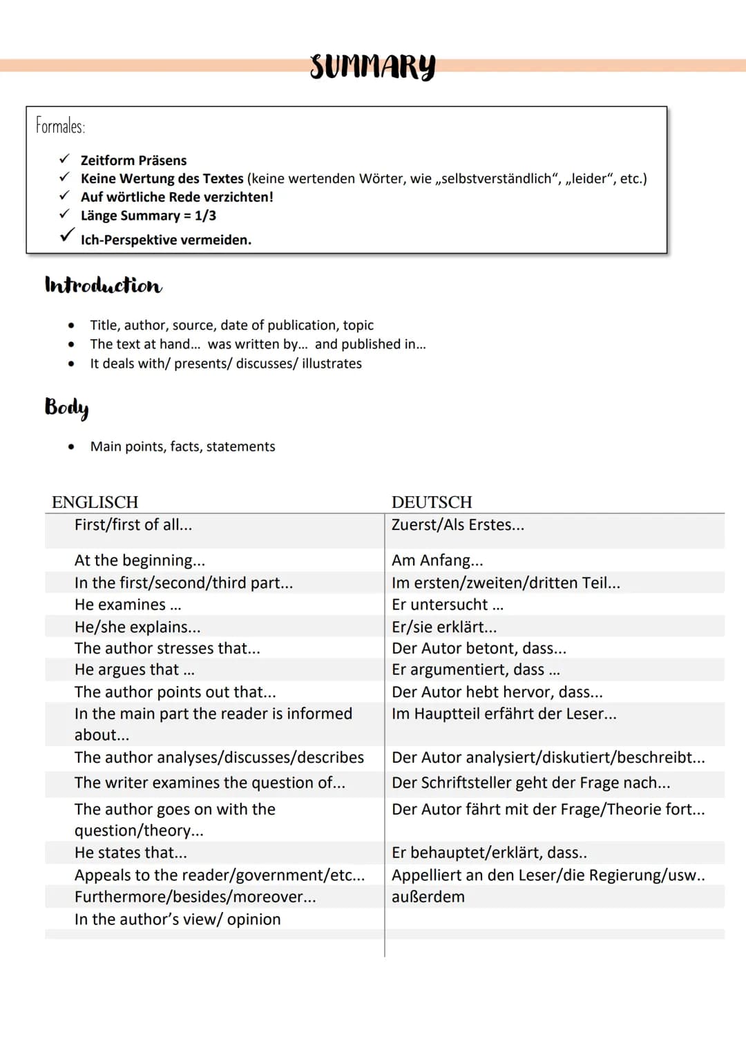Formales:
✓ Zeitform Präsens
✓ Keine Wertung des Textes (keine wertenden Wörter, wie ,,selbstverständlich", ,,leider", etc.)
✓ Auf wörtliche
