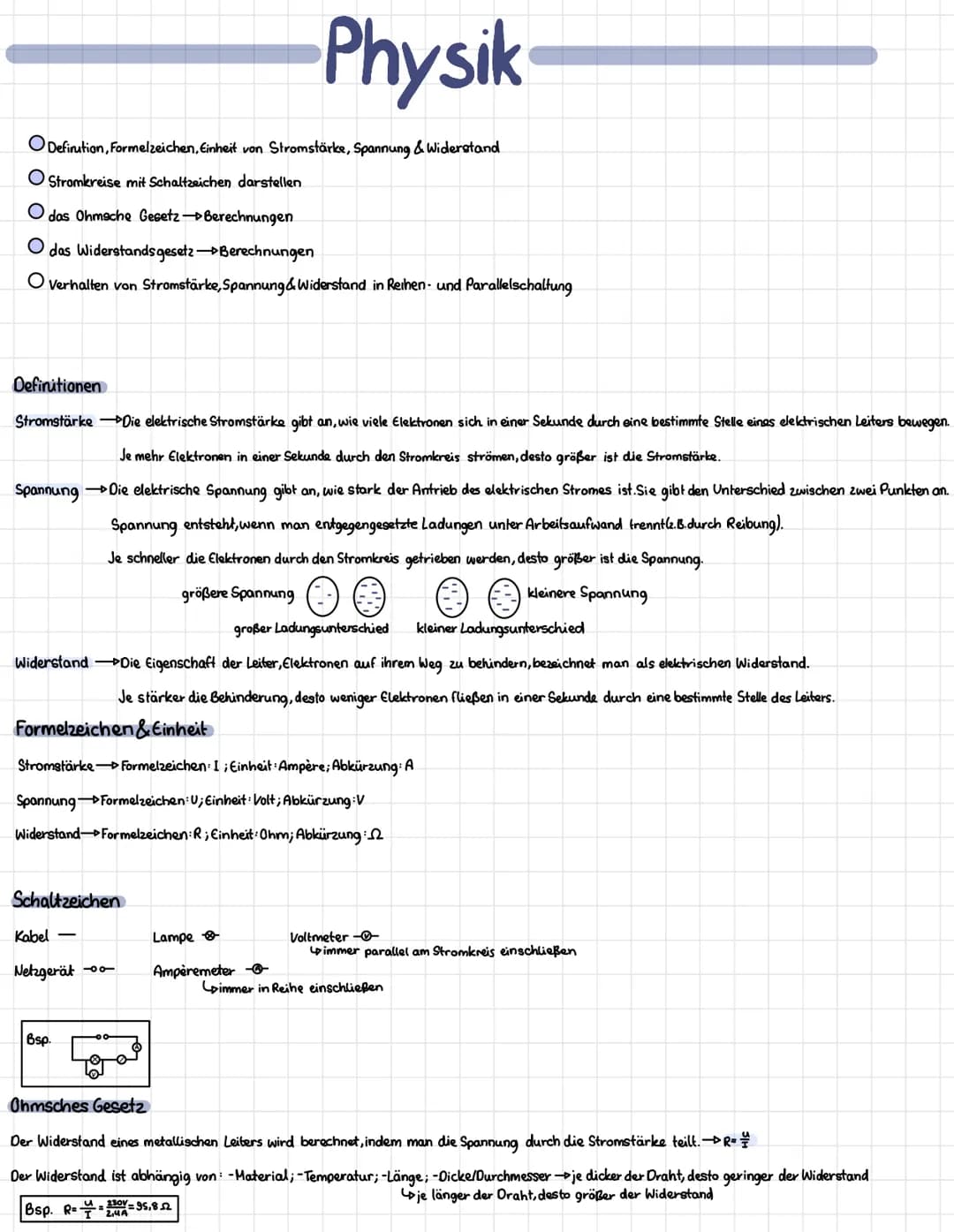 Definition, Formelzeichen, Einheit von Stromstärke, Spannung & Widerstand
Stromkreise mit Schaltzeichen darstellen.
O das Ohmsche Gesetz-Ber