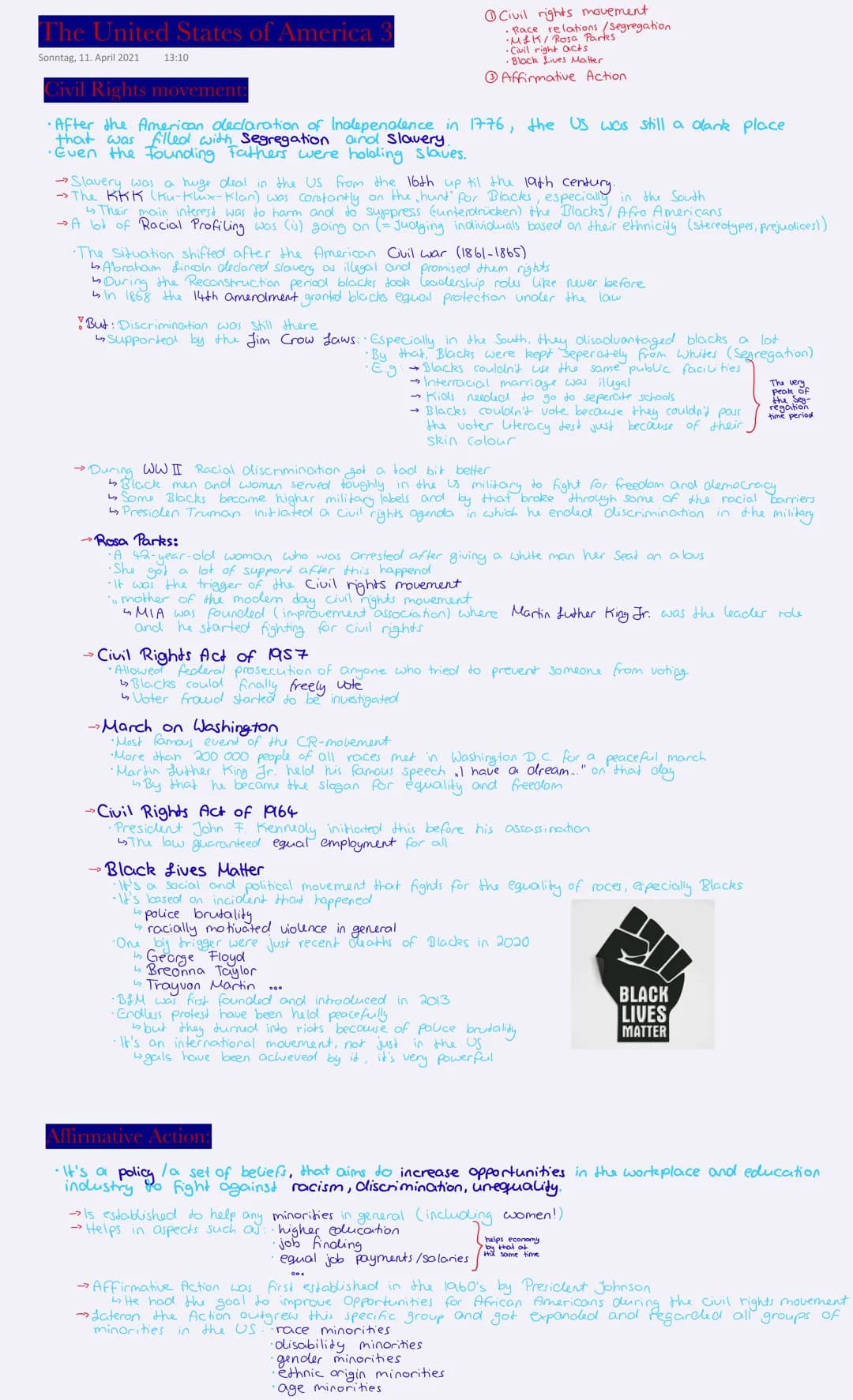 The United States of America
Sonntag, 11. April 2021 13:10
Civil Rights movement:
•After the American declaration of Inolepenolence in 1776,