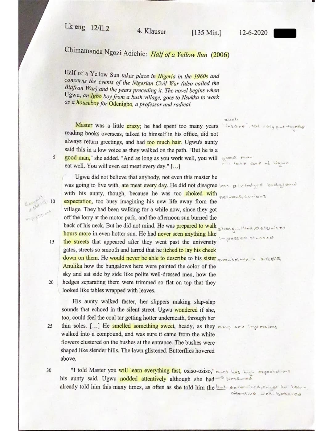 Lk eng 12/II.2
4. Klausur
Theme: Voices from the African Continent - Focus on Nigeria
Text: Ch. N. Adichie: Half of the Yellow Sun
Annotatio