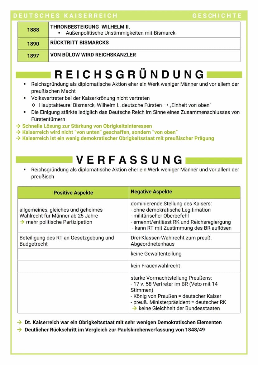 DEUTSCHES KAISERREICH
→ Ein von Preußen dominierter Obrigkeitsstaat
→ Bis 1890 spielte Reichskanzler Otto von Bismarck in der Innen- und Auß