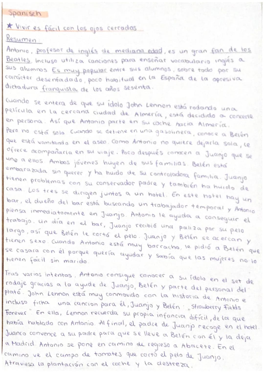 Spanisch
* Vivir es fácil con los ojos cerradas
Resumen
Antonio, profesor de inglés de mediana edad, es un gran fan de los
Beatles. Incluso 