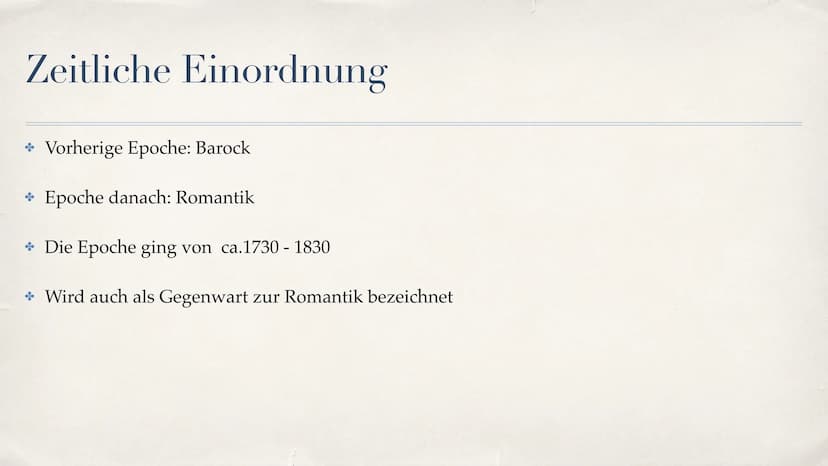 Klassik Gliederung
Begriffserklärung
Zeitliche Einordnung
Hauptkomponisten
* Musikalische Merkmale (Instrumente, Sonatenhauptsatzform, Gesel