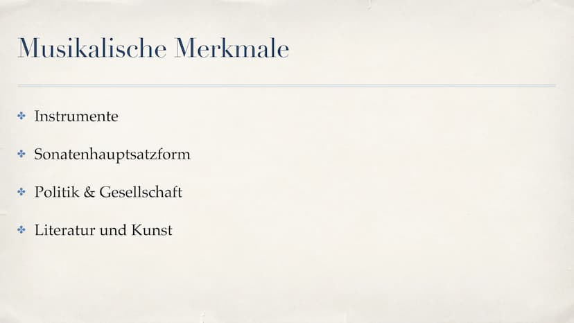 Klassik Gliederung
Begriffserklärung
Zeitliche Einordnung
Hauptkomponisten
* Musikalische Merkmale (Instrumente, Sonatenhauptsatzform, Gesel
