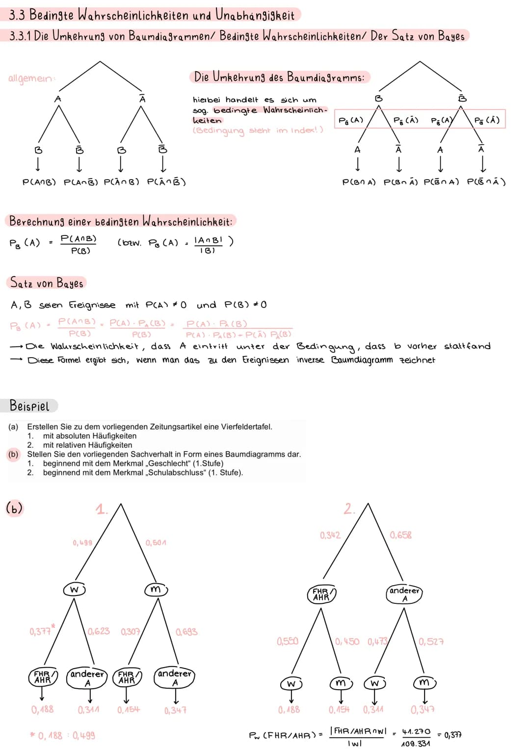 3.2 Baumdiagramme und Vierfeldertafeln
Vier feldertafeln dienen der zusammenfassenden
zwei Ausgangen:
absolute/
relative
Häufigkeit
A
Ā
Σ
Ge