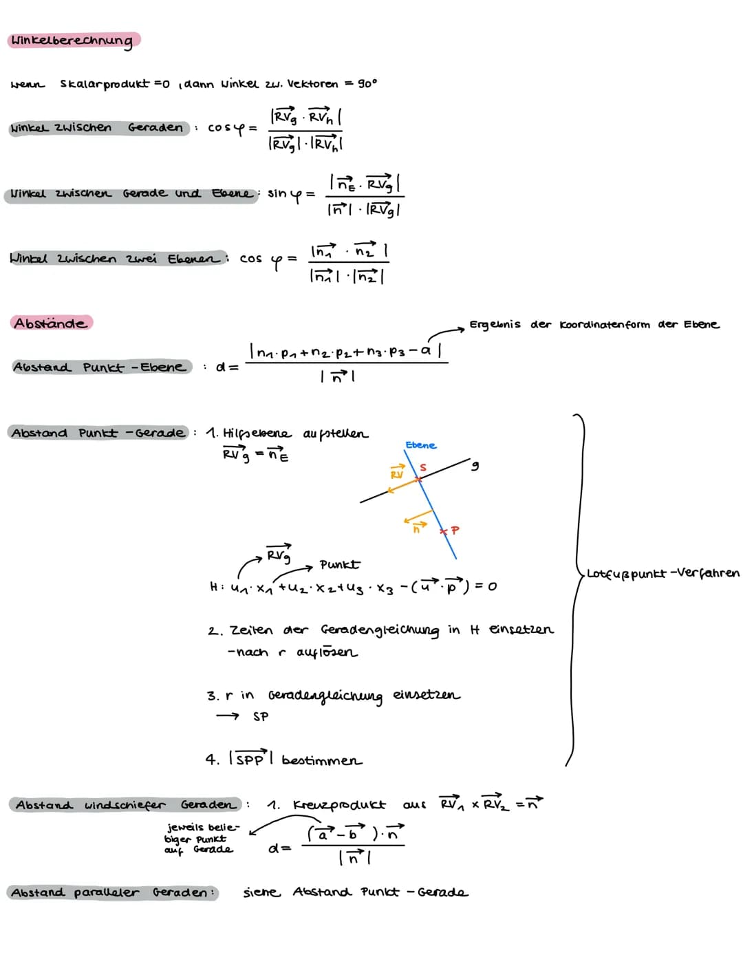 Skalarprodukt
wenn
Kreuzprodukt
n = RV₁₂ x RV₂
ab² = 0, dann sind à
Flächenberechnung von einem Parallelogramm
A= |axb1
h=
--(:)
a
с
A
D
A
F