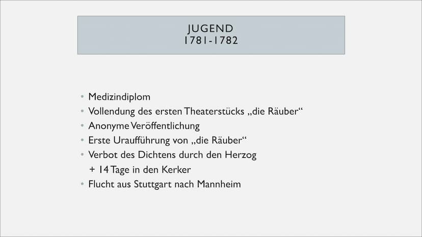 1759
Geburt in Marbach
am Neckar
1773-1780
Jura- und Medizin
Student
Johann Christoph Friedrich Schiller
1777-1781
die Räuber "
Dramen
Die W