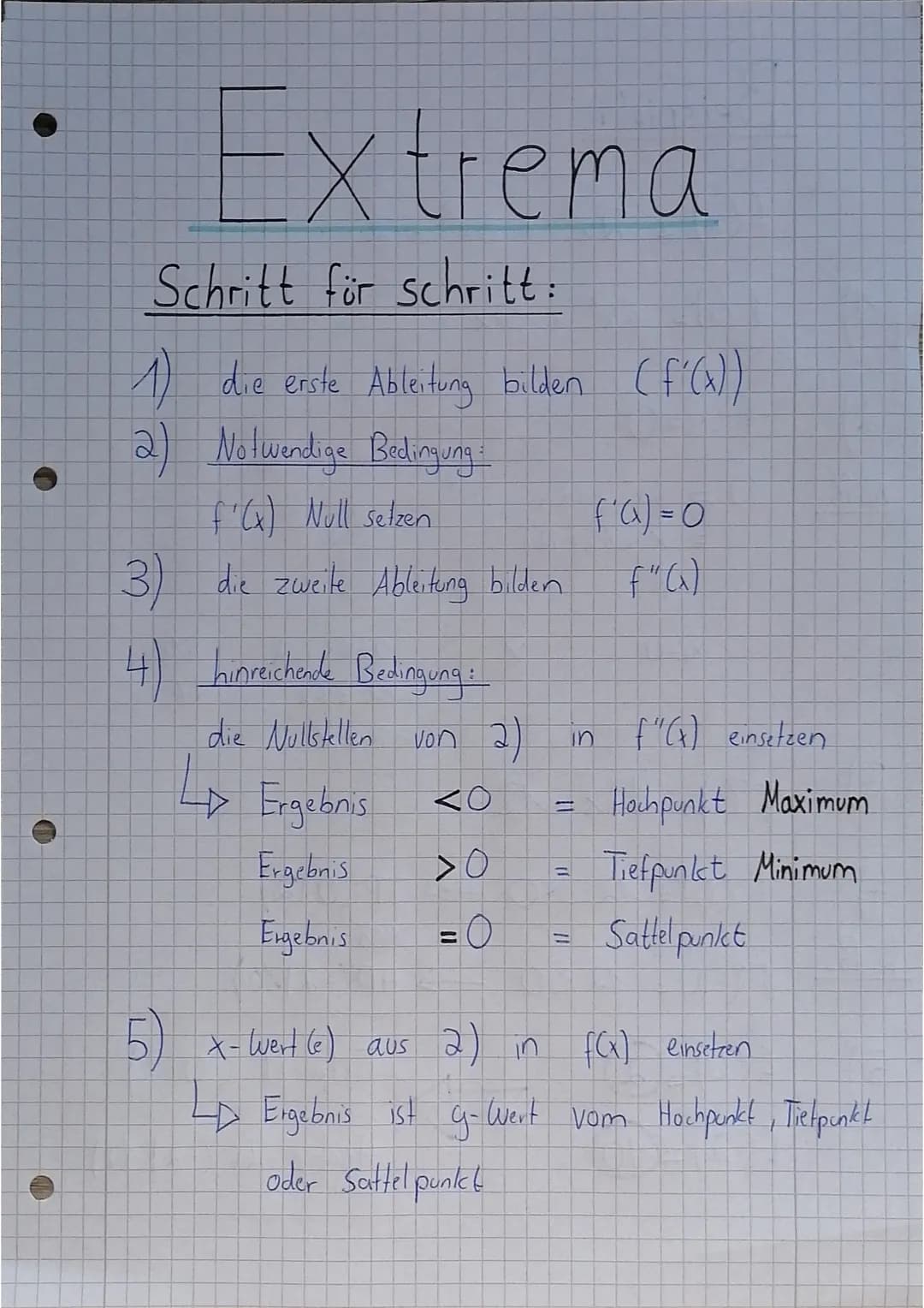Extrema
Schritt für Schritt:
1) die erste Ableitung bilden (f'(x))
2) Notwendige Bedingung:
f'(x) Null setzen.
3) die zweite Ableitung bilde