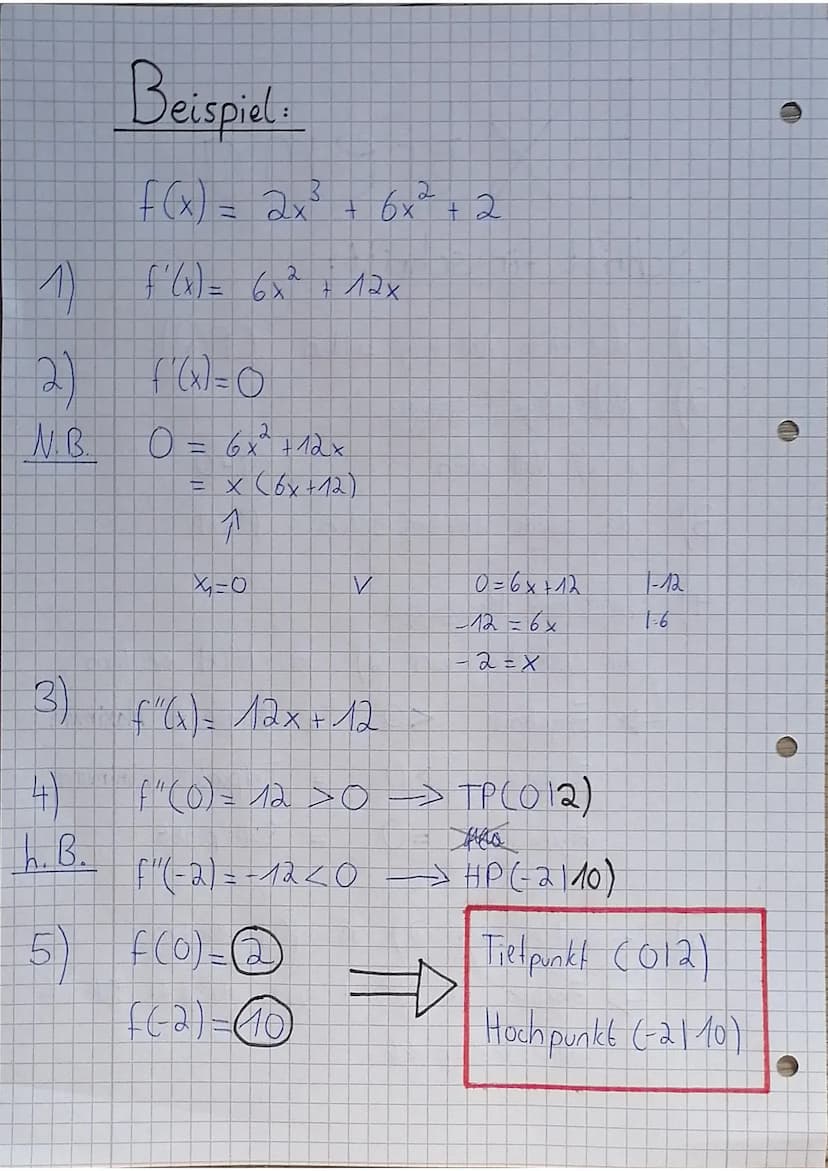 Extrema
Schritt für Schritt:
1) die erste Ableitung bilden (f'(x))
2) Notwendige Bedingung:
f'(x) Null setzen.
3) die zweite Ableitung bilde