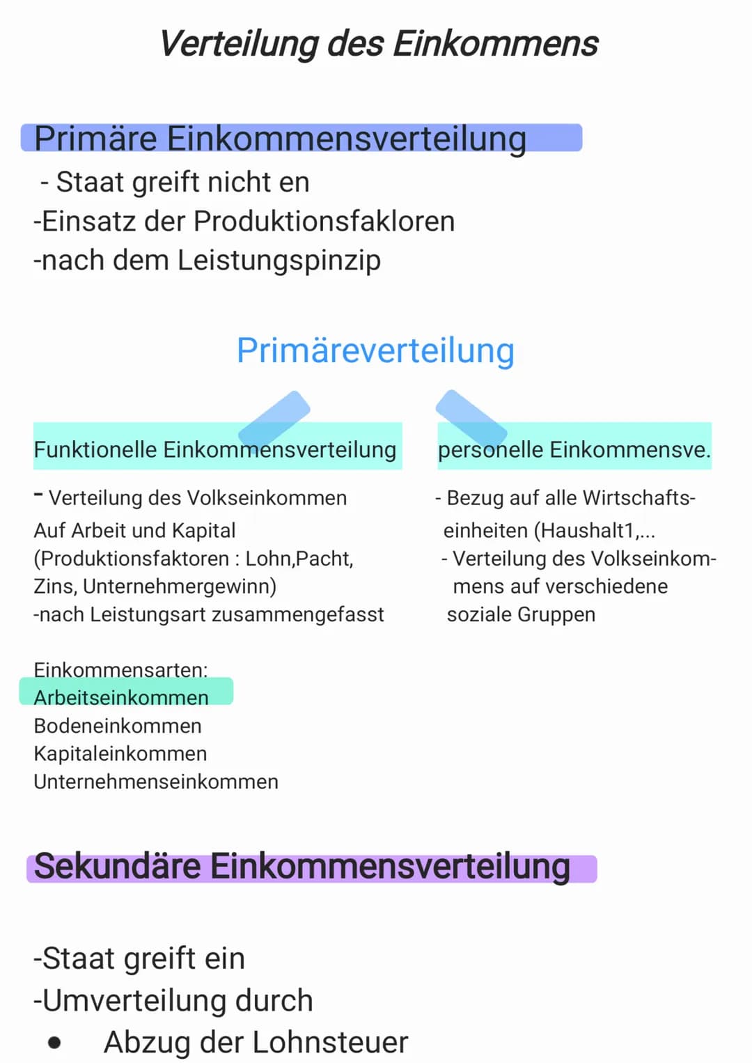 Verteilung des Einkommens
Einkommensverteilung
Primäre
- Staat greift nicht en
-Einsatz der Produktionsfakloren
-nach dem Leistungspinzip
Pr