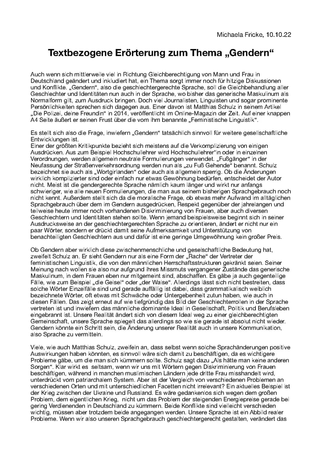 Textbezogene Erörterung: Sollten wir gendergerechte Sprache verwenden?