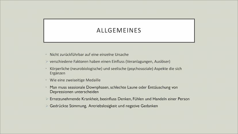 DEPRESSIONEN
Julie Klemm ●
●
●
●
Allgemeines
Fakten und Zahlen
Symptome
Psychosozial
Neurobiologisch
INHALT ●
●
ALLGEMEINES
Nicht zurückführ