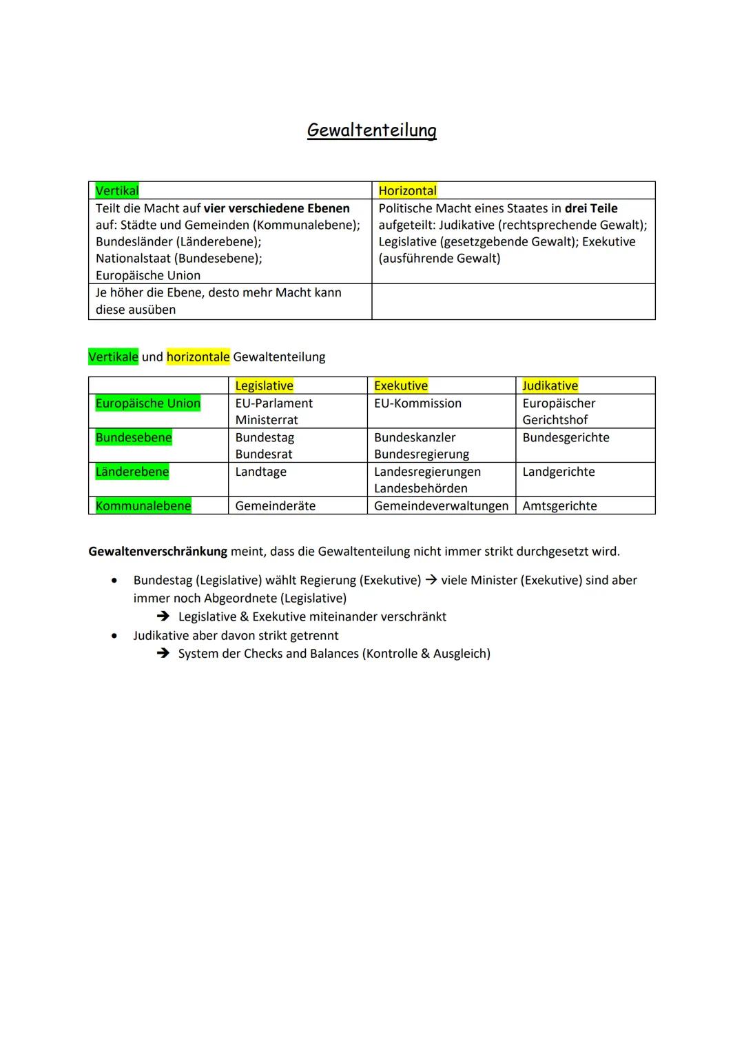 Vertikal
Teilt die Macht auf vier verschiedene Ebenen
auf: Städte und Gemeinden (Kommunalebene);
Bundesländer (Länderebene);
Nationalstaat (