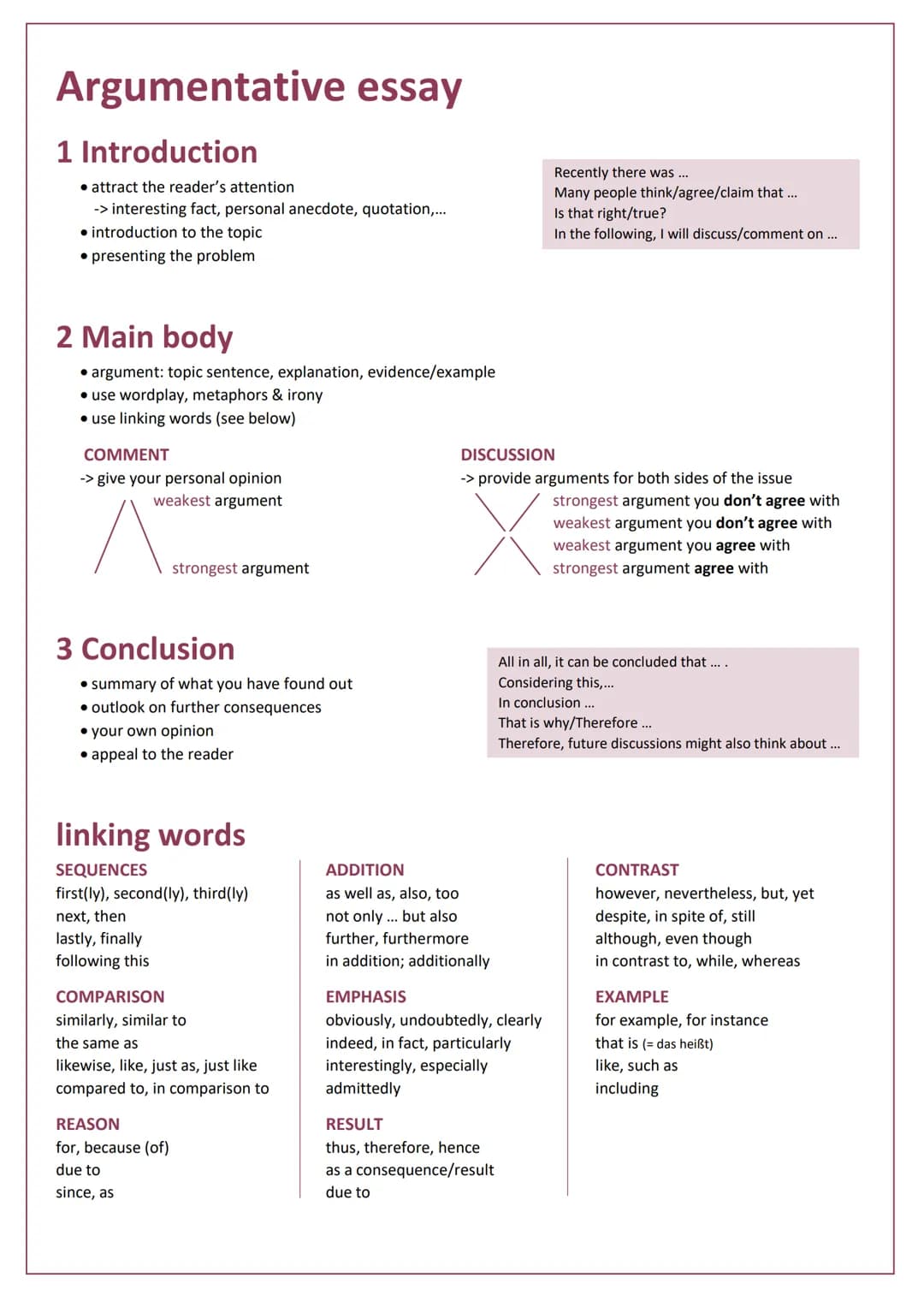 Argumentative essay
1 Introduction
attract the reader's attention
-> interesting fact, personal anecdote, quotation,...
• introduction to th