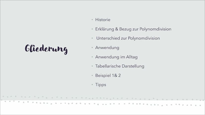 Horner-Schema
ALINA MÜCKE
SAALESCHULE FÜR (H)ALLE
10. DEZEMBER 2021 Gliederung
.
0
●
.
●
C
Historie
Erklärung & Bezug zur Polynomdivision
Un