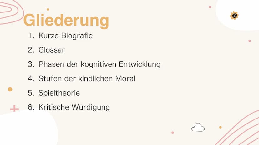 Kognitive
Entwicklung
nach Jean Piaget
+
+ Gliederung
1. Kurze Biografie
2. Glossar
3. Phasen der kognitiven Entwicklung
4. Stufen der kindl