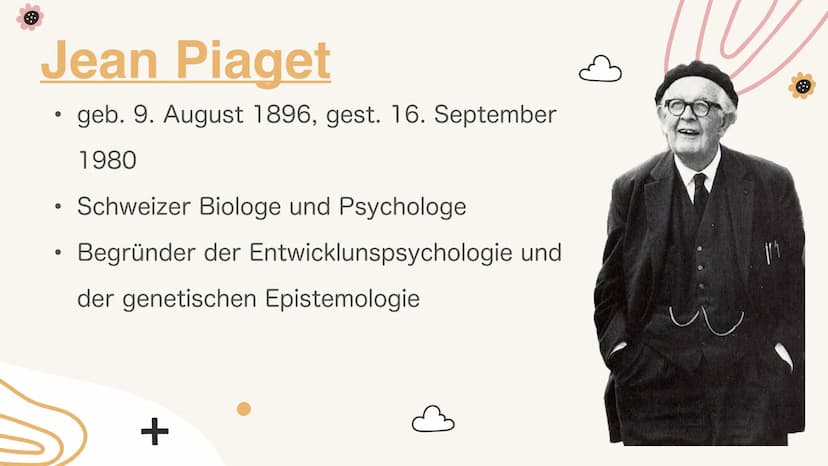 Kognitive
Entwicklung
nach Jean Piaget
+
+ Gliederung
1. Kurze Biografie
2. Glossar
3. Phasen der kognitiven Entwicklung
4. Stufen der kindl