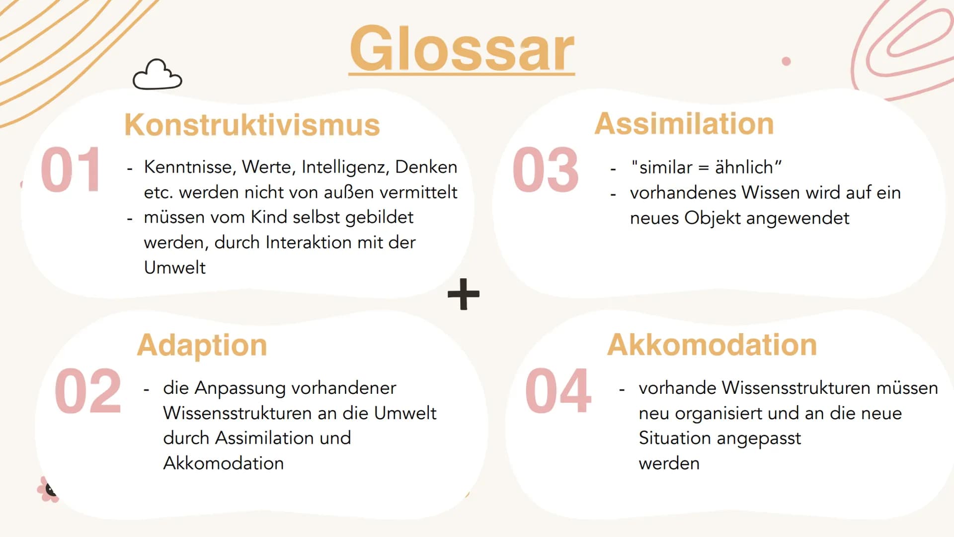 Kognitive
Entwicklung
nach Jean Piaget
+
+ Gliederung
1. Kurze Biografie
2. Glossar
3. Phasen der kognitiven Entwicklung
4. Stufen der kindl