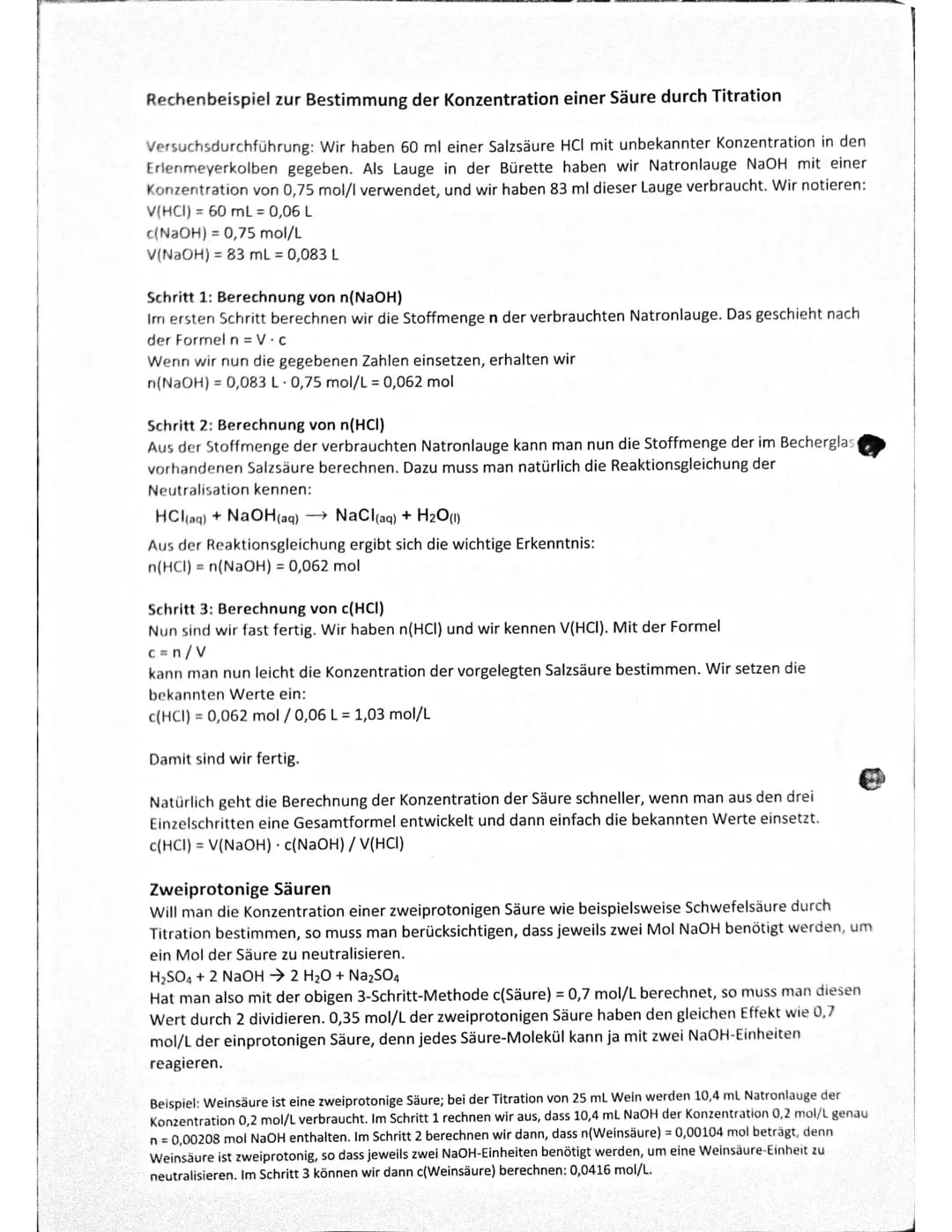 Rechenbeispiel zur Bestimmung der Konzentration einer Säure durch Titration
Versuchsdurchführung: Wir haben 60 ml einer Salzsäure HCI mit un