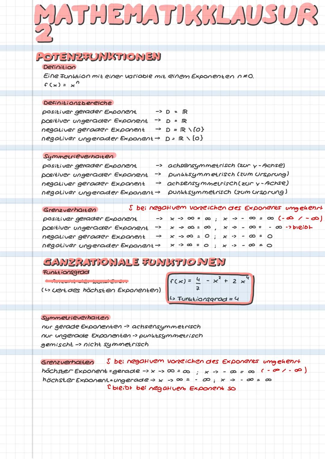 MATHEMATIKKLAUSUR
POTENZFUNKTIONEN
Definition
Eine Funktion mit einer variable mit einem Exponenten n=0.
_^
f(x) = x
Definitionsbereiche
-> 