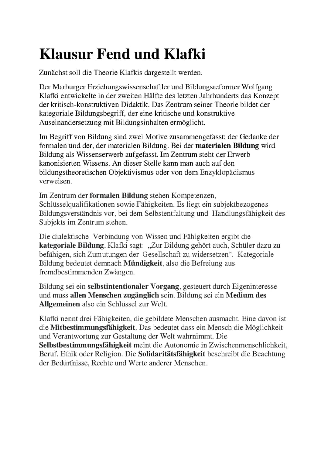 Klafki und Fend Zusammenfassung + Vorschläge Verbesserung von Schule