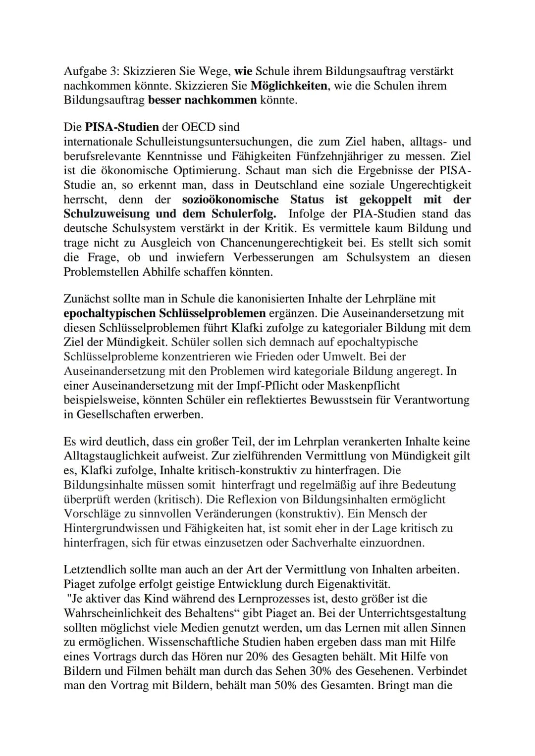 Klausur Fend und Klafki
Zunächst soll die Theorie Klafkis dargestellt werden.
Der Marburger Erziehungswissenschaftler und Bildungsreformer W