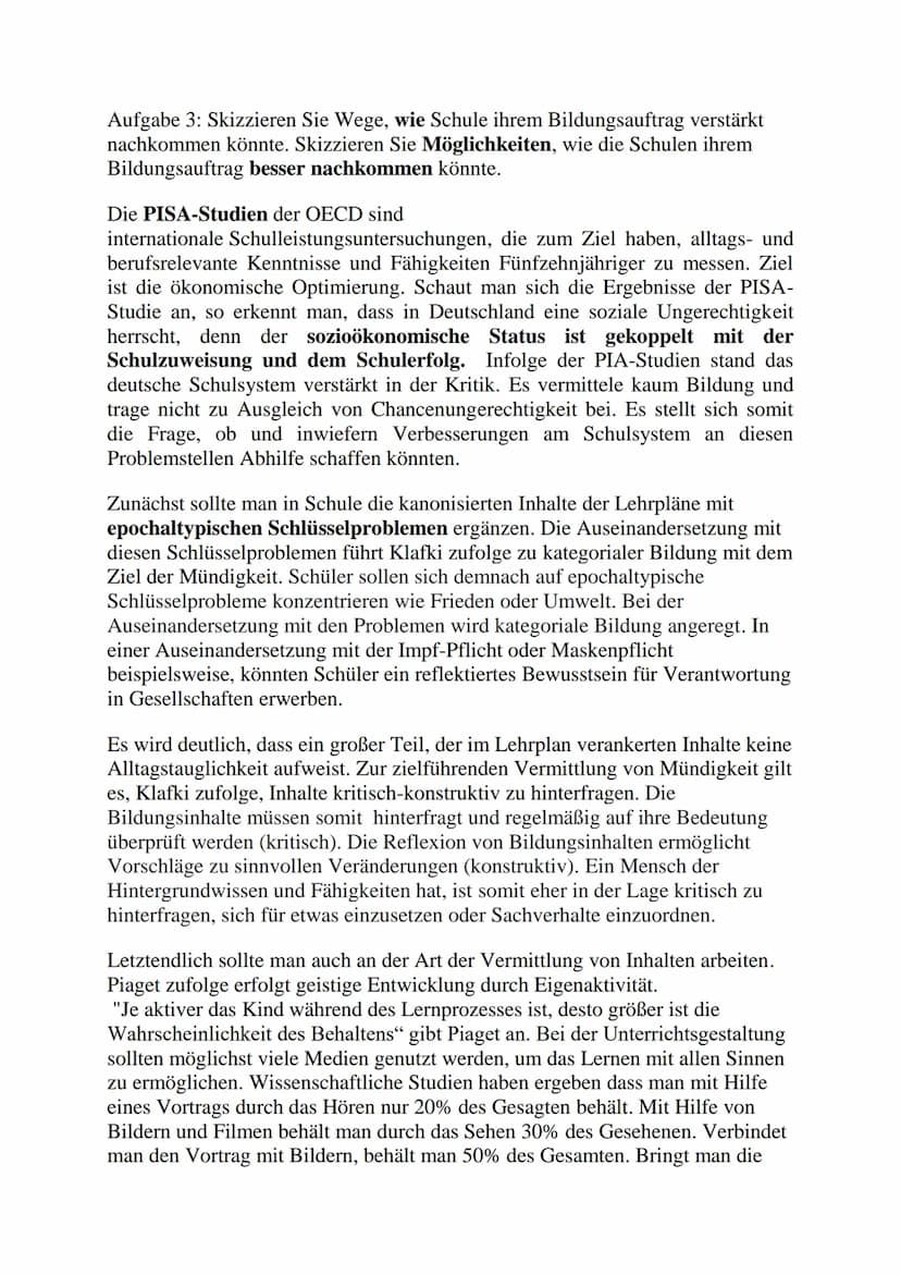 Klausur Fend und Klafki
Zunächst soll die Theorie Klafkis dargestellt werden.
Der Marburger Erziehungswissenschaftler und Bildungsreformer W