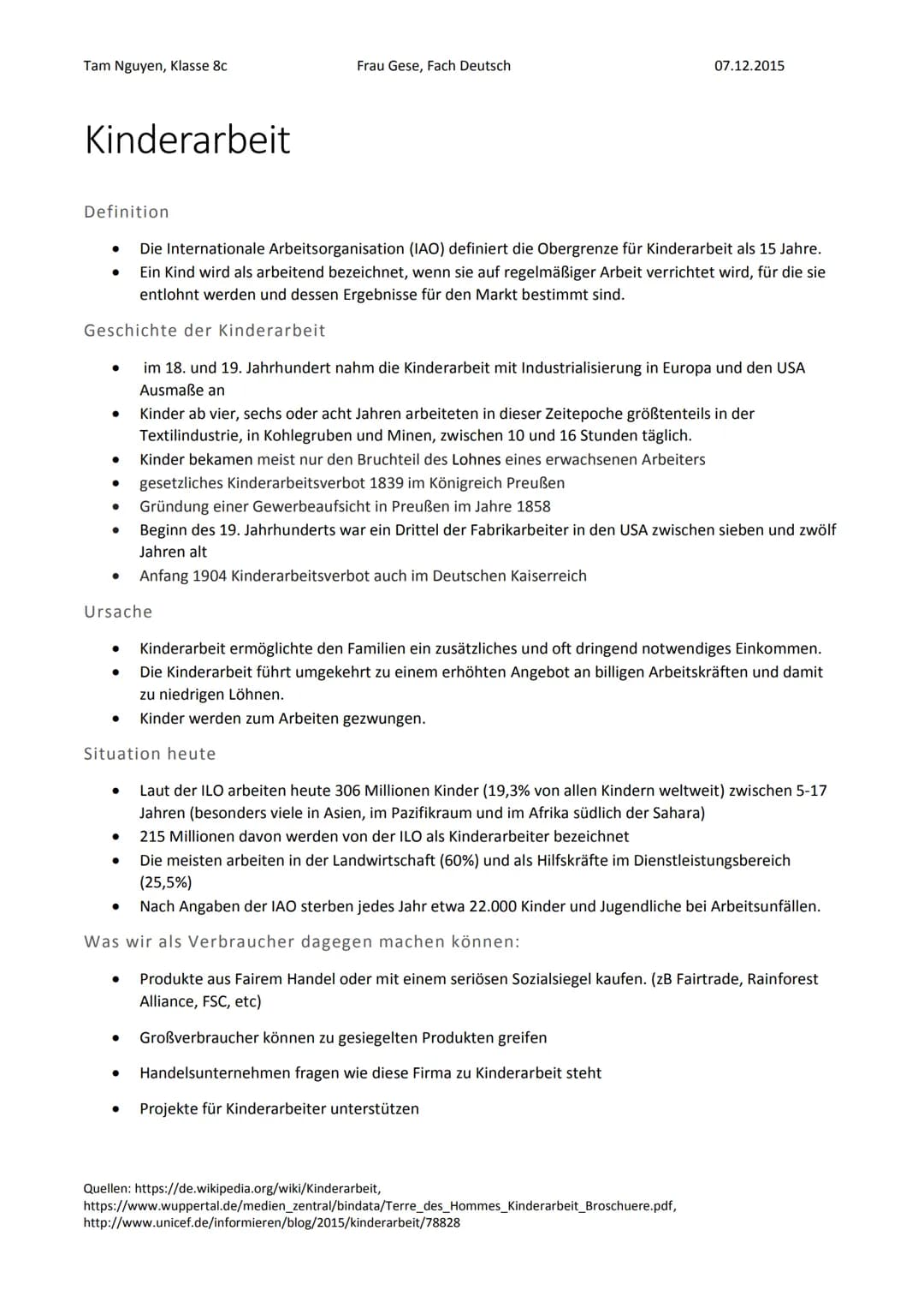 Kinderarbeit - was ist das genau?
unterscheiden zwischen normalen Aufgaben (Haushalt), zwischen legaler
Beschäftigung von Jgdl + zwischen Au