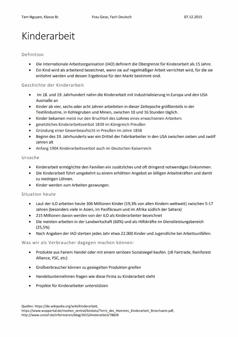 Kinderarbeit - was ist das genau?
unterscheiden zwischen normalen Aufgaben (Haushalt), zwischen legaler
Beschäftigung von Jgdl + zwischen Au
