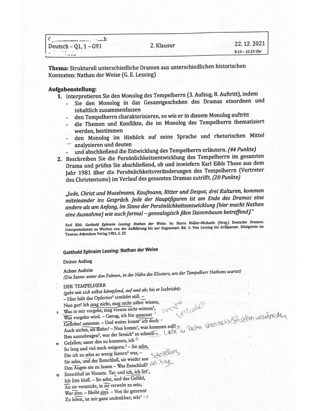 ch
Deutsch - Q1, 1-G91
Thema: Strukturell unterschiedliche Dramen aus unterschiedlichen historischen
Kontexten: Nathan der Weise (G. E. Less