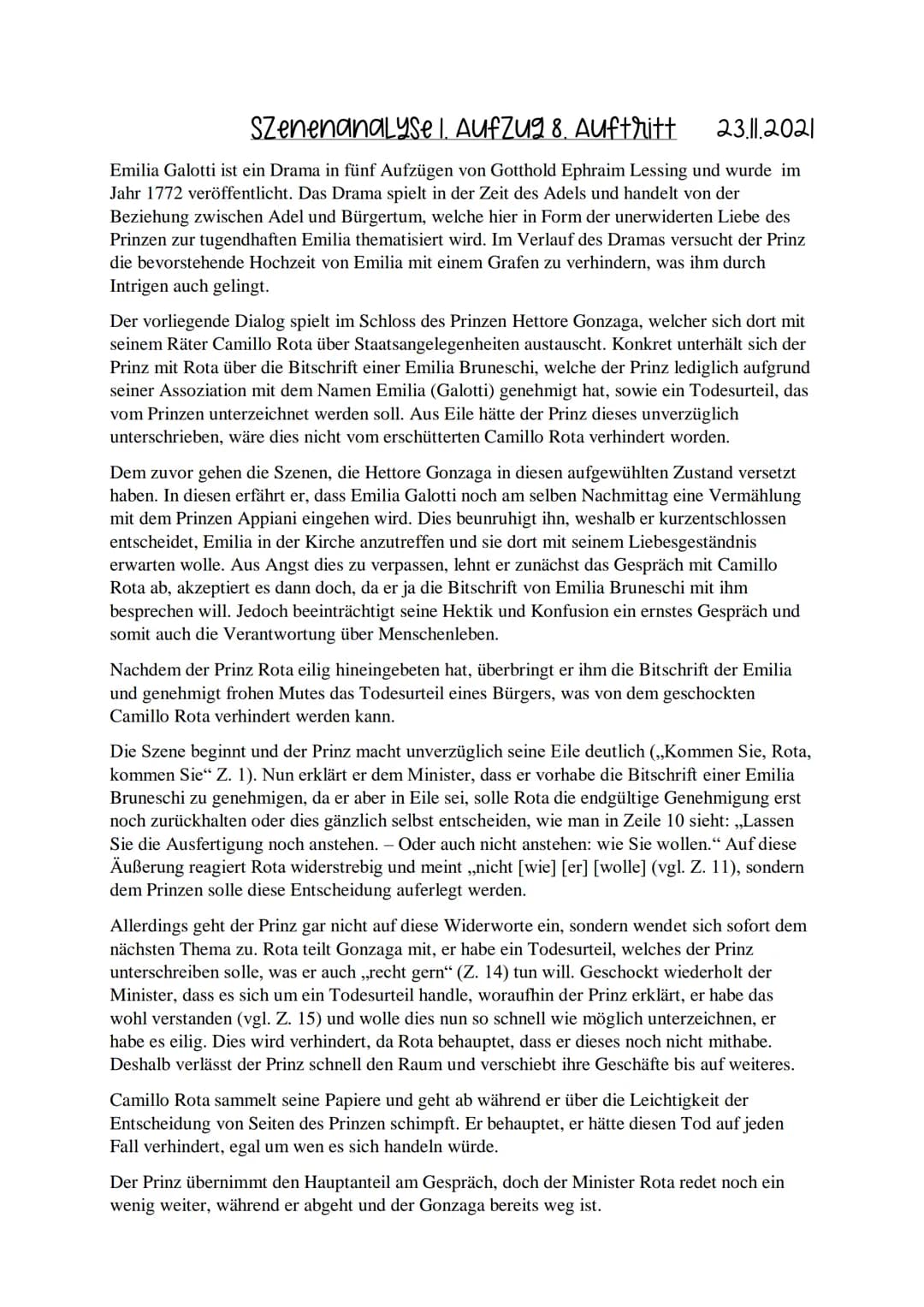 Szenenanalyse I. AUFZUG 8. Auftritt
23.11.2021
Emilia Galotti ist ein Drama in fünf Aufzügen von Gotthold Ephraim Lessing und wurde im
Jahr 