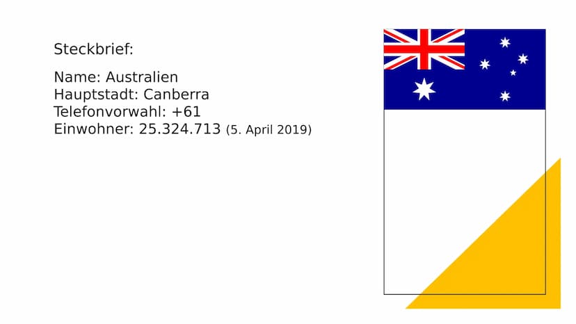 NK
Australien
Wirtschaft und Umwelt Steckbrief:
Name: Australien
Hauptstadt: Canberra
Telefonvorwahl: +61
Einwohner: 25.324.713 (5. April 20