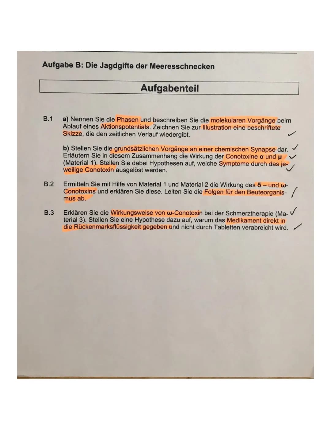 Aufgabe B: Die Jagdgifte der Meeresschnecken
B.1
B.2
B.3
Aufgabenteil
a) Nennen Sie die Phasen und beschreiben Sie die molekularen Vorgänge 