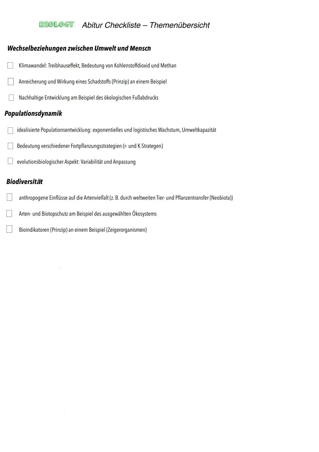 Biologie E-Phase
Zellbiologie BIOLOGY Abitur Checkliste - Themenübersicht
Struktur und Funktion von Zellen
Organisationsstufen und Kennzeich