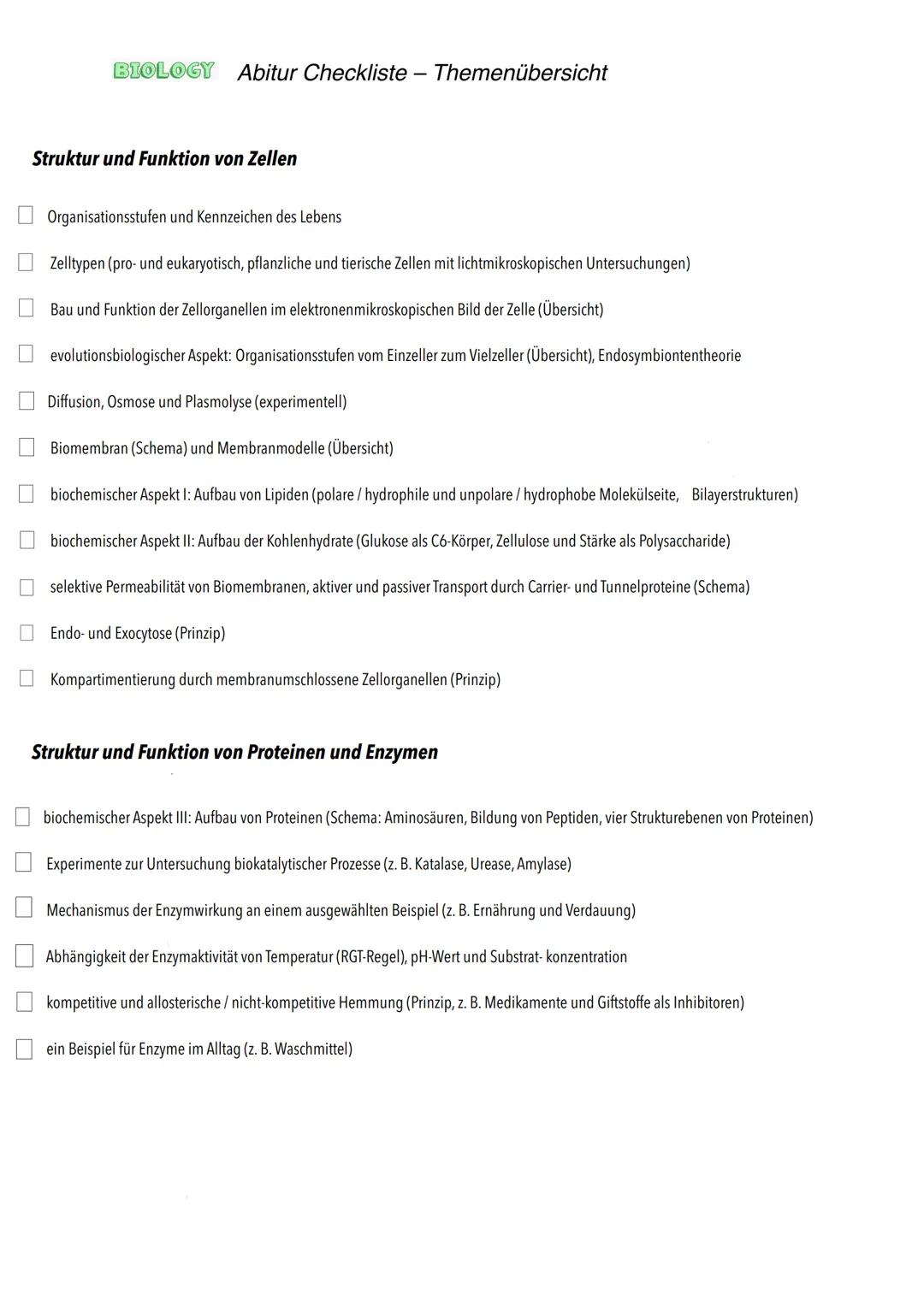 Biologie E-Phase
Zellbiologie BIOLOGY Abitur Checkliste - Themenübersicht
Struktur und Funktion von Zellen
Organisationsstufen und Kennzeich