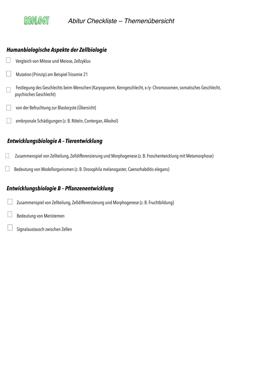 Biologie E-Phase
Zellbiologie BIOLOGY Abitur Checkliste - Themenübersicht
Struktur und Funktion von Zellen
Organisationsstufen und Kennzeich