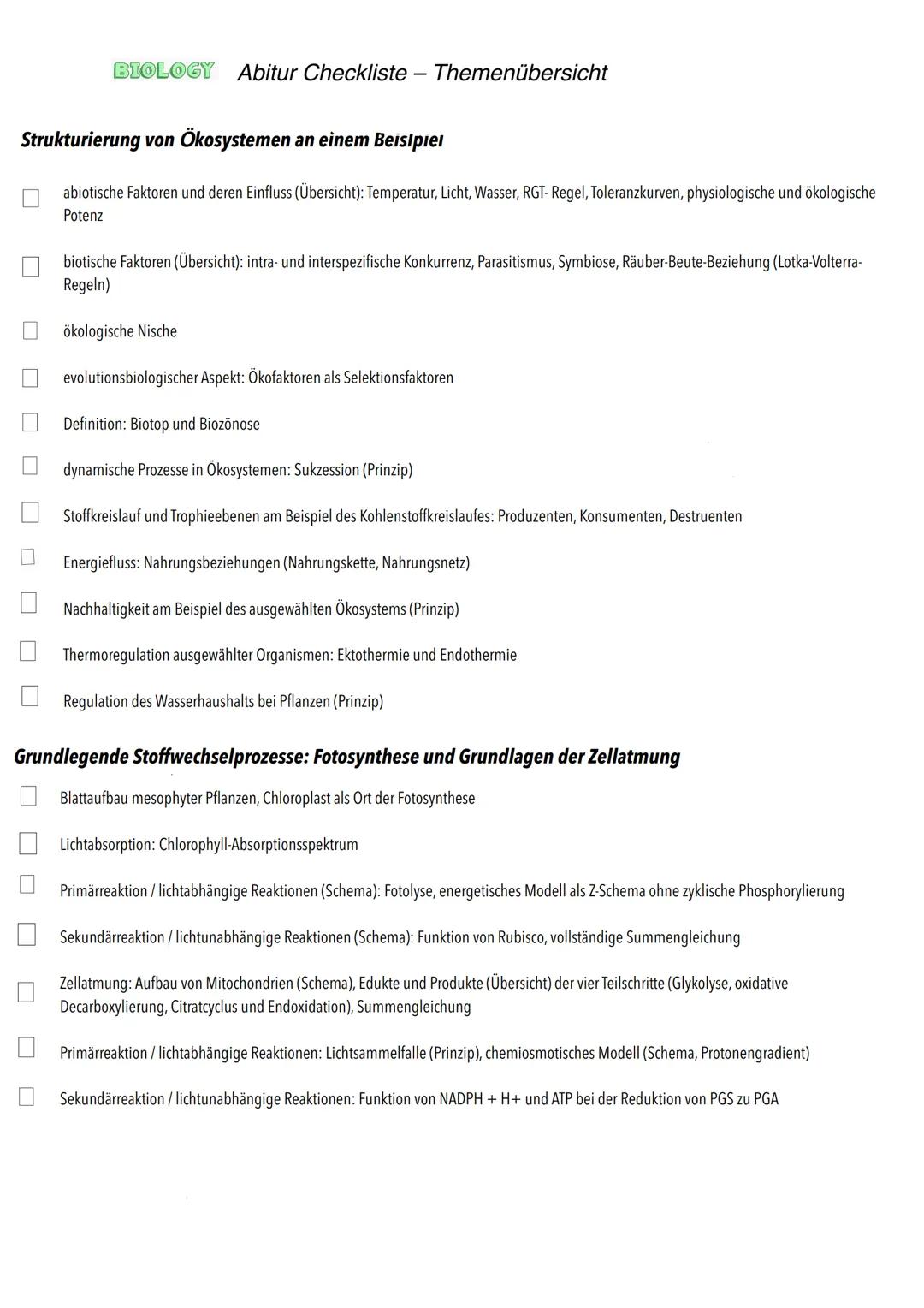 Biologie E-Phase
Zellbiologie BIOLOGY Abitur Checkliste - Themenübersicht
Struktur und Funktion von Zellen
Organisationsstufen und Kennzeich