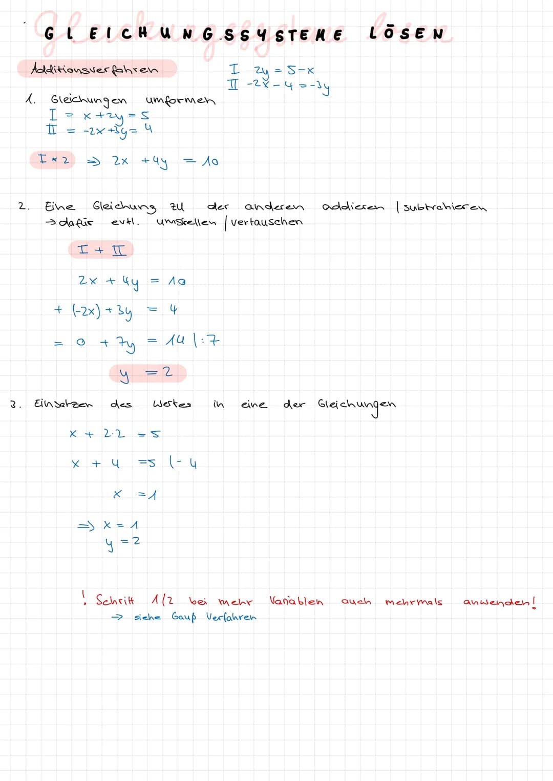 2.
ડે .
GLEICHUNGSS
Additionsverfahren
1. Gleichungen umformen
x +2y=
-2x+3y= 4
=> 2x + 4y
I
ㅍ =
= X
I* 2
Eine
→da für
11
I + II
2x + 4y
+ (