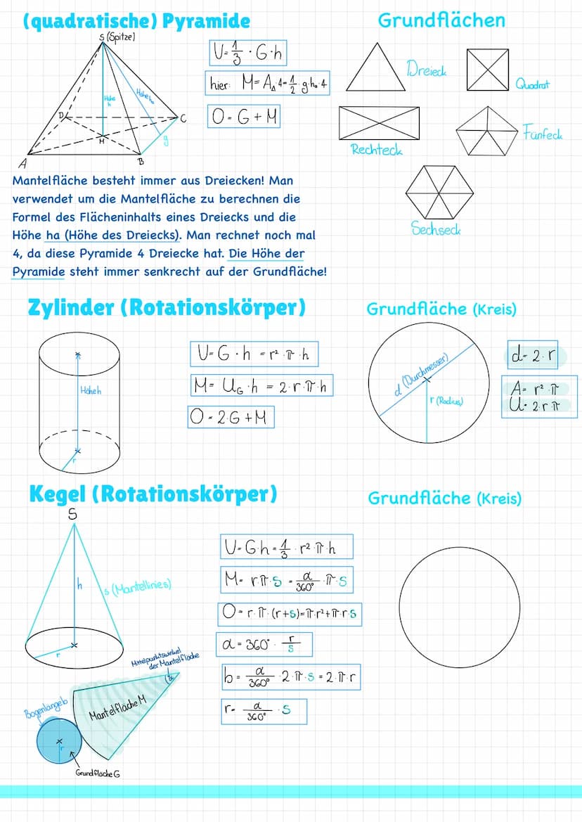 Volumeneinheiten
1000
Würfel
E
A
H
A
a
Quader
H
a
Geometrische Körper
1000
3
B
(=L)
O
1000
G
V-G.h
Volumen-Flächeninhalt
C
: 1000
O-2G + M
O