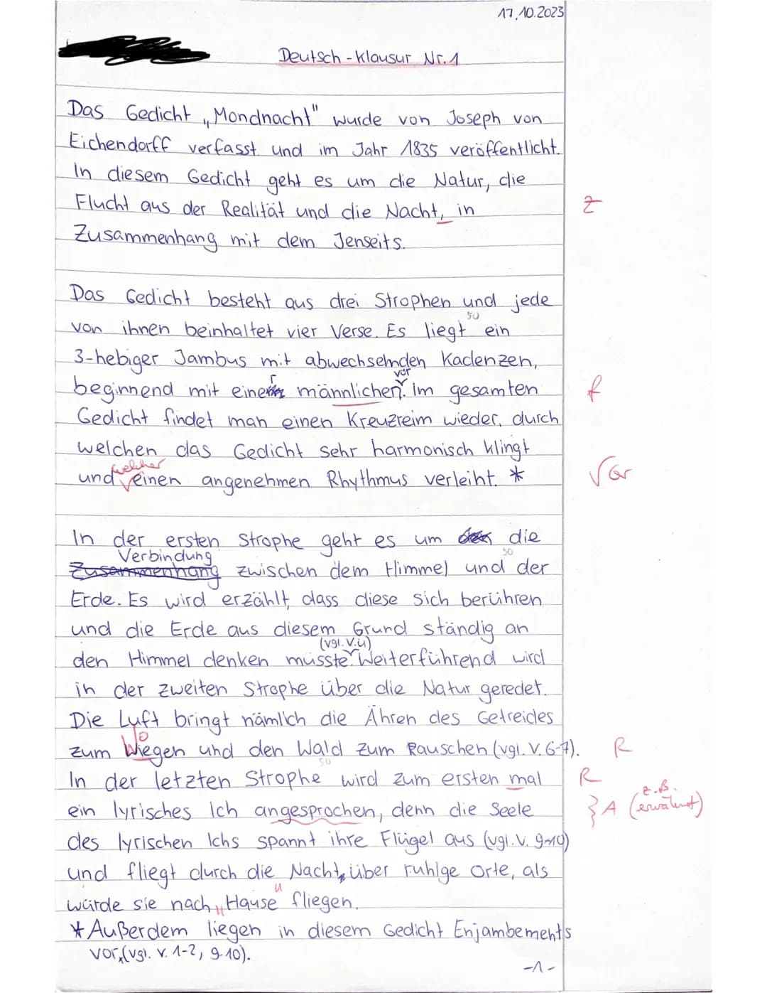Deutschklausur Q1/ Lyrik der Romantik/
Name:
Datum:
Aufgabe: Verfassen Sie eine Gedichtanalyse/-interpretation.
Nehmen Sie im Schlussteil be