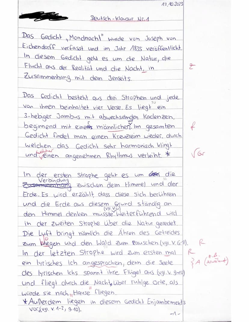 Deutschklausur Q1/ Lyrik der Romantik/
Name:
Datum:
Aufgabe: Verfassen Sie eine Gedichtanalyse/-interpretation.
Nehmen Sie im Schlussteil be