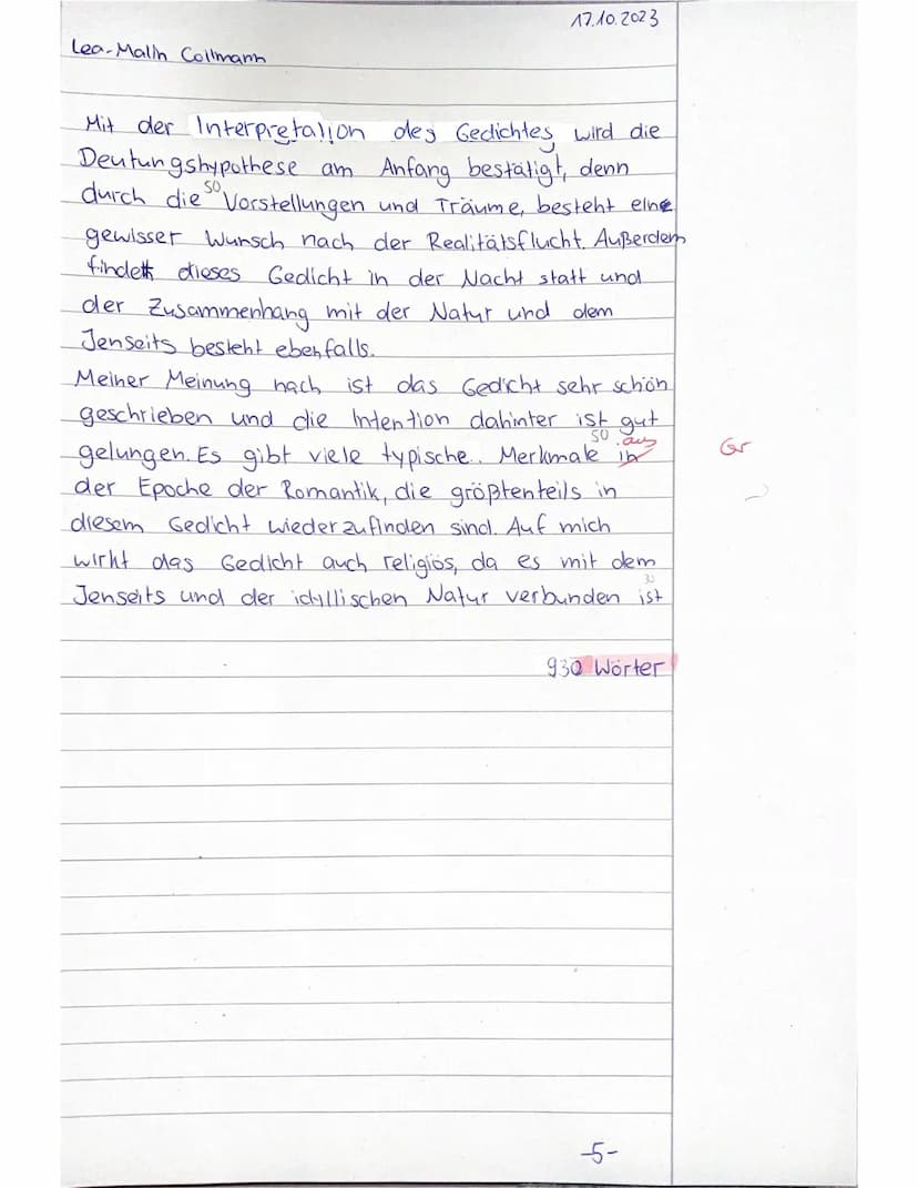 Deutschklausur Q1/ Lyrik der Romantik/
Name:
Datum:
Aufgabe: Verfassen Sie eine Gedichtanalyse/-interpretation.
Nehmen Sie im Schlussteil be