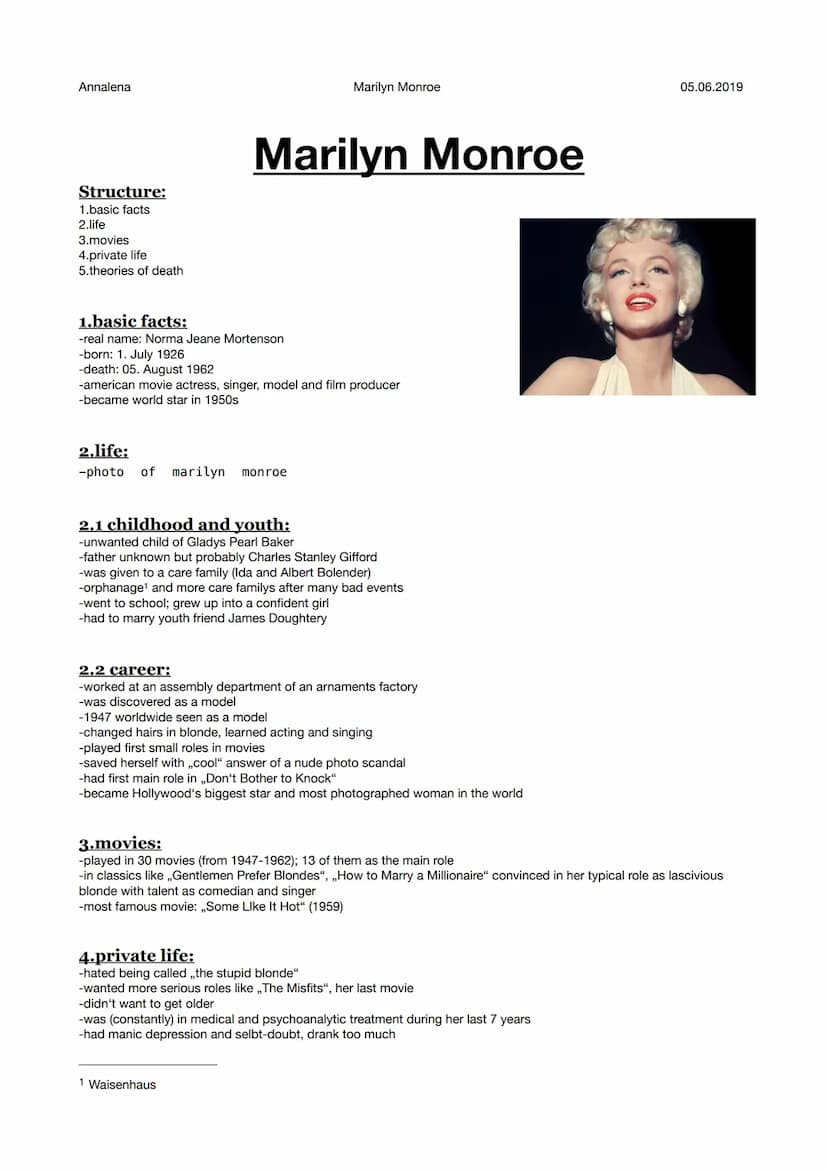 Annalena
Structure:
1.basic facts
2.life
3.movies
4.private life
5.theories of death
2.life:
-photo of marilyn
1.basic facts:
-real name: No